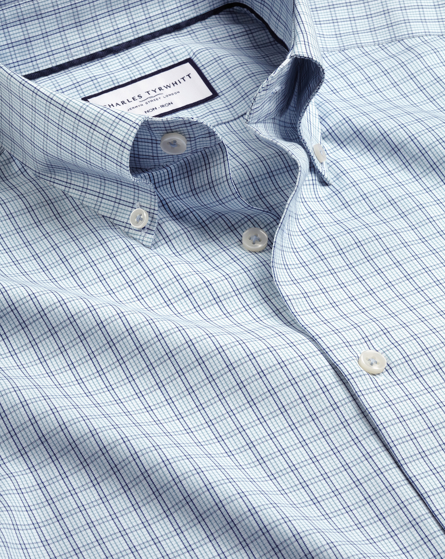 Men's Charles Tyrwhitt Button-Down Collar Non-Iron Check Oxford Dress Shirt - Mid Blue Single Cuff S