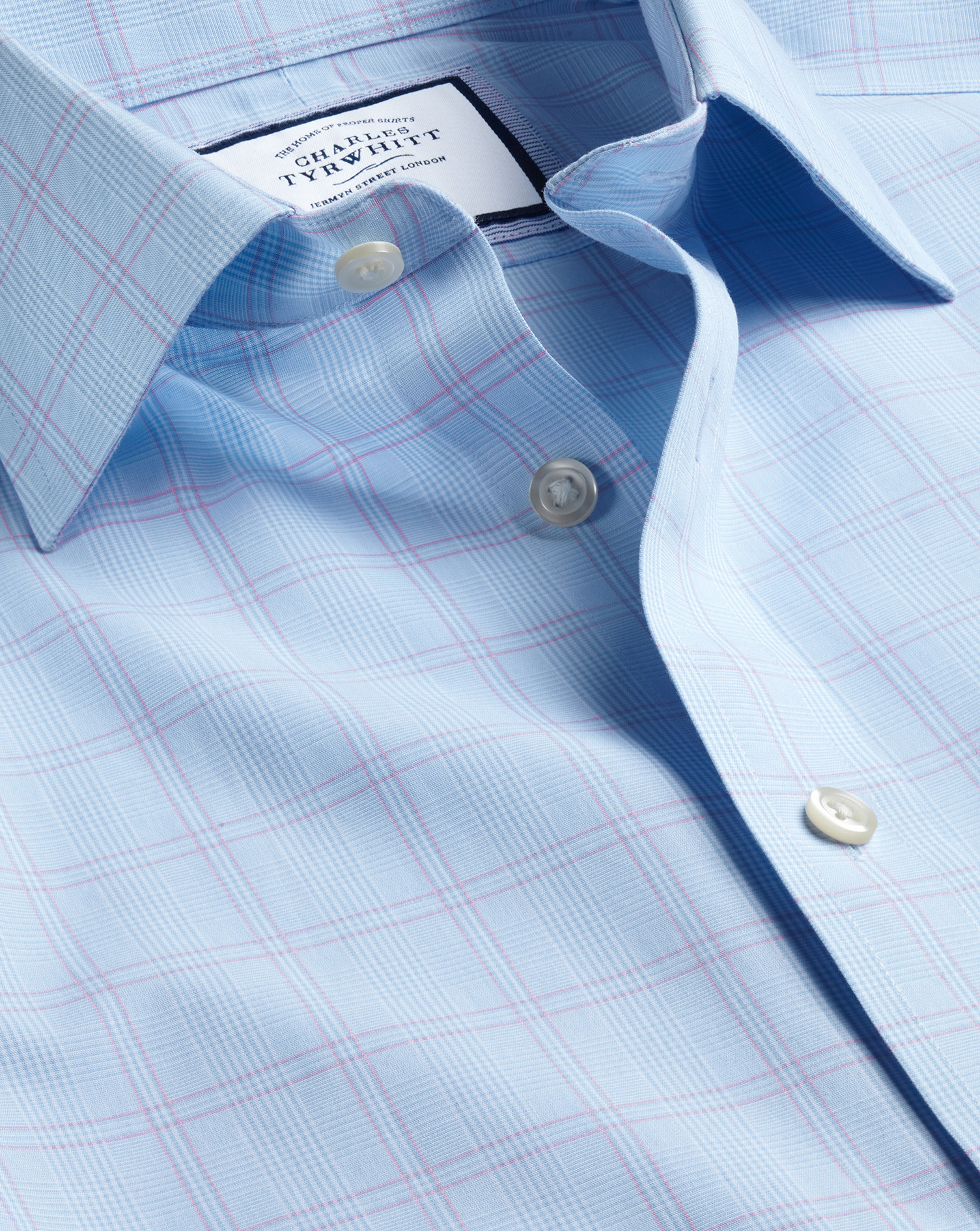 Men's Charles Tyrwhitt Non-Iron Prince Of Wales Check Dress Shirt - Light Blue Single Cuff Size Smal