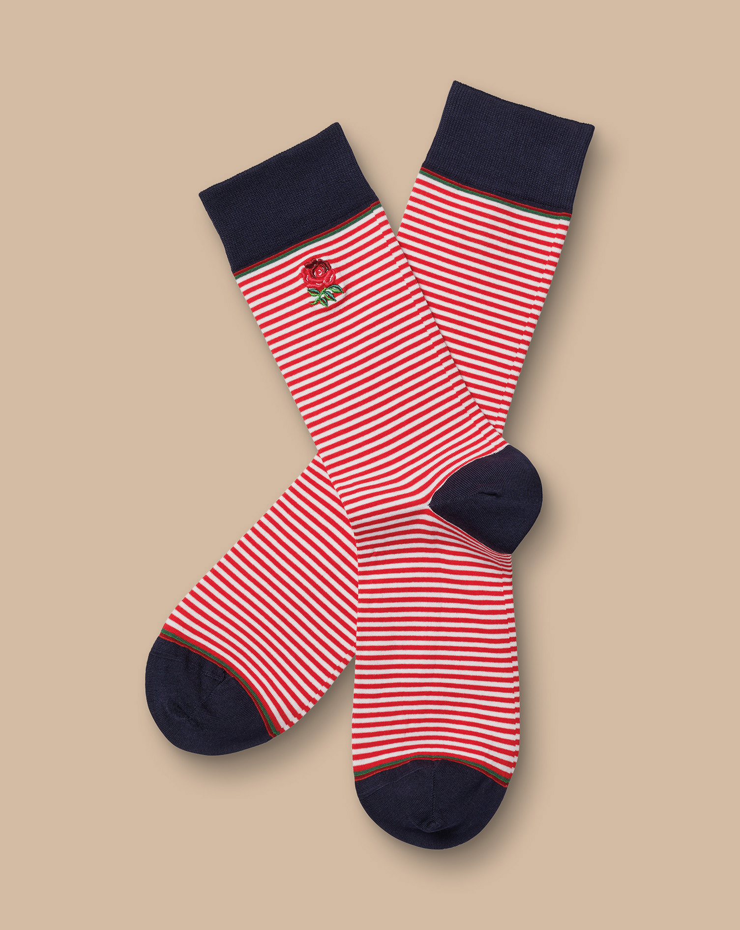 Men's Charles Tyrwhitt England Rugby Fine Stripe Socks - Red & White Size Large Cotton
