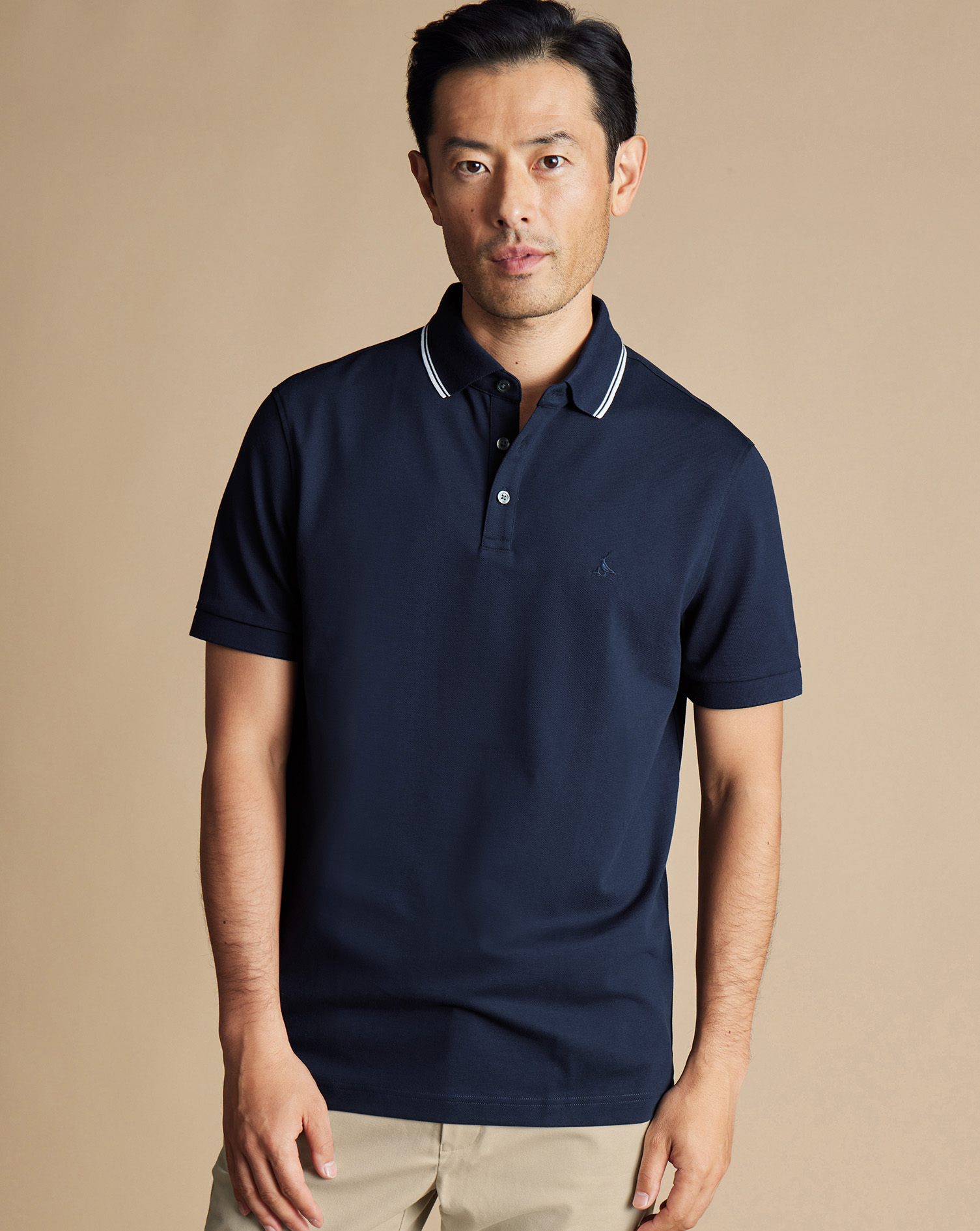 Men's Charles Tyrwhitt Pique Contrast Tipping Polo Shirt - Navy Blue Size XS Cotton
