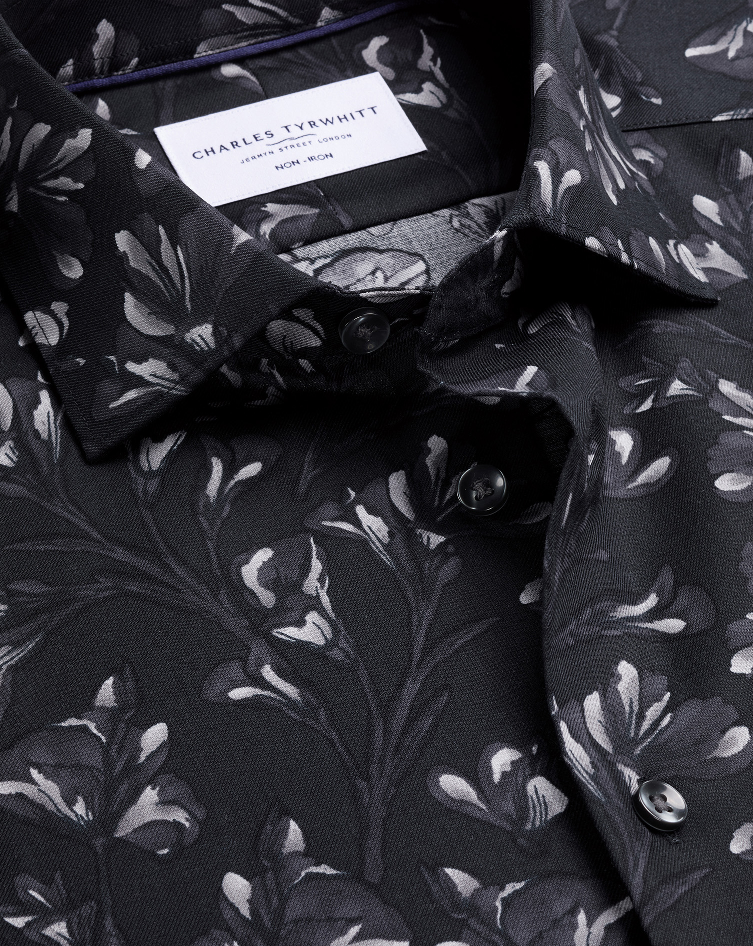 Men's Charles Tyrwhitt Non-Iron Stretch Floral Print Shirt â Black Single Cuff Size 16/35 Cotton