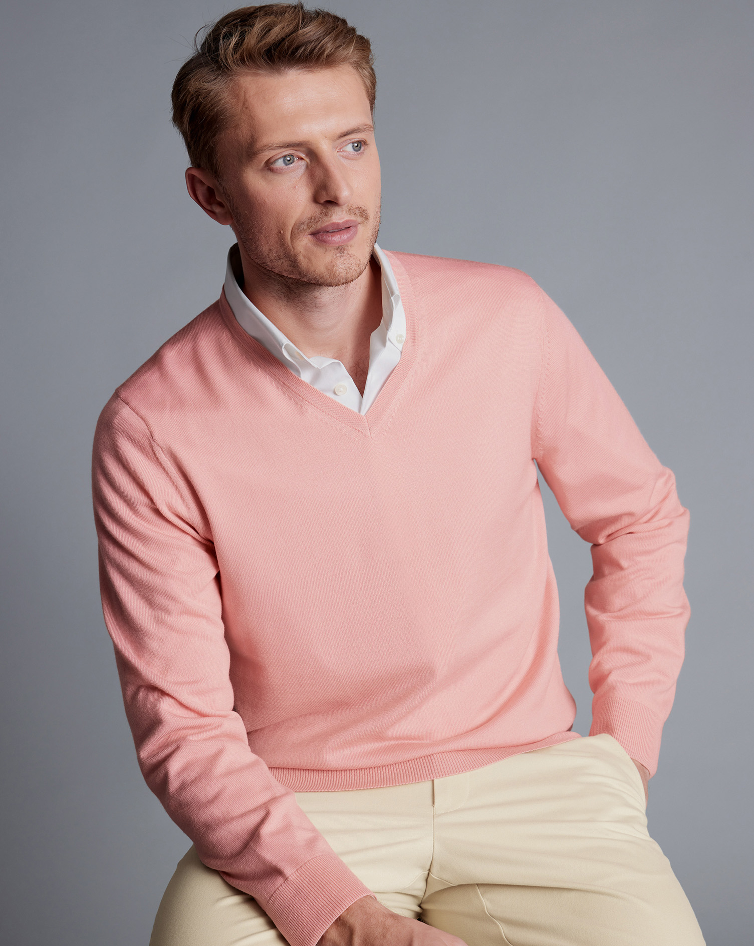 Men's Charles Tyrwhitt Merino V-Neck Sweater - Light Coral Pink Size Small Wool
