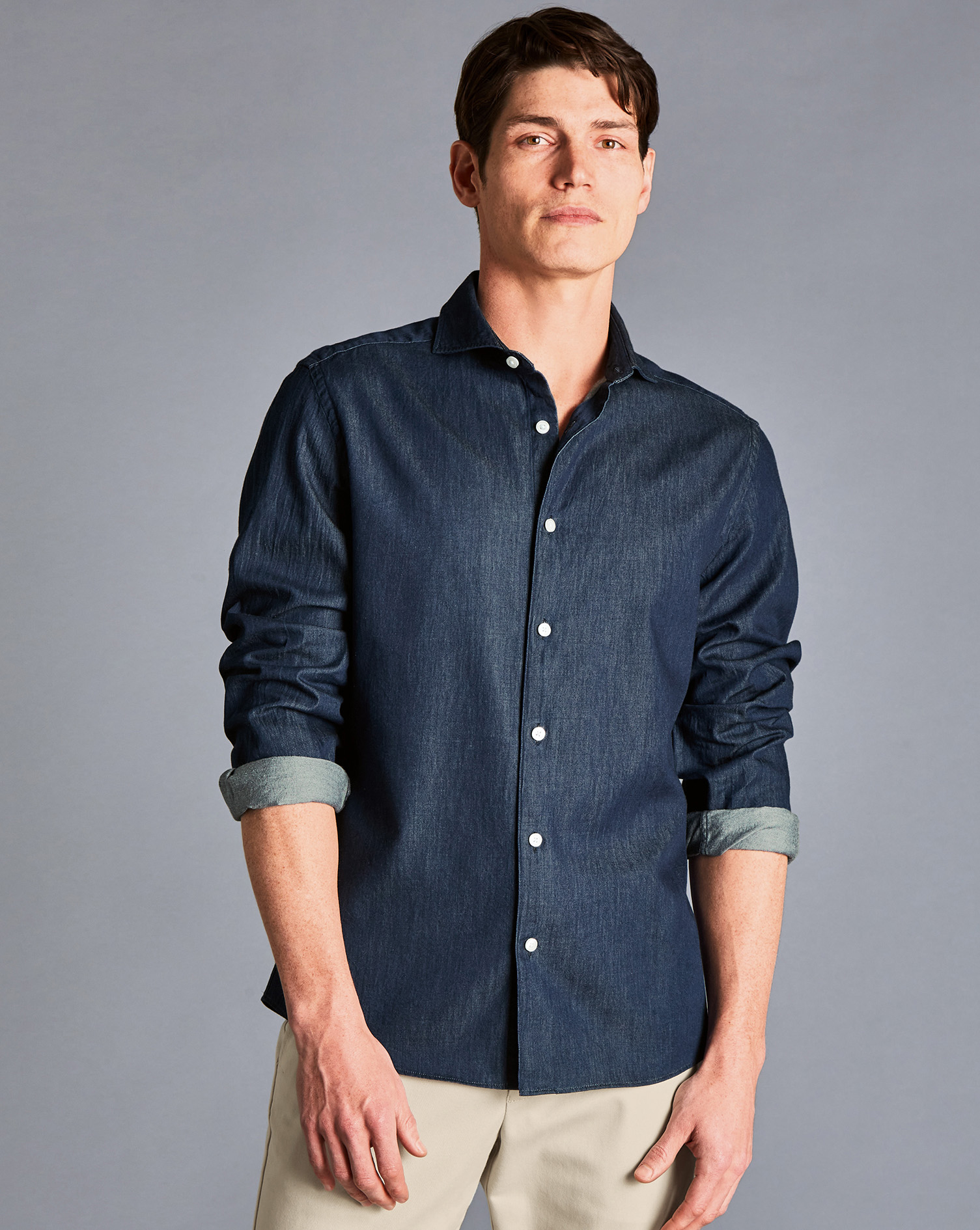 Men's Charles Tyrwhitt Casual Shirt - Denim Blue Single Cuff Size XXL Cotton
