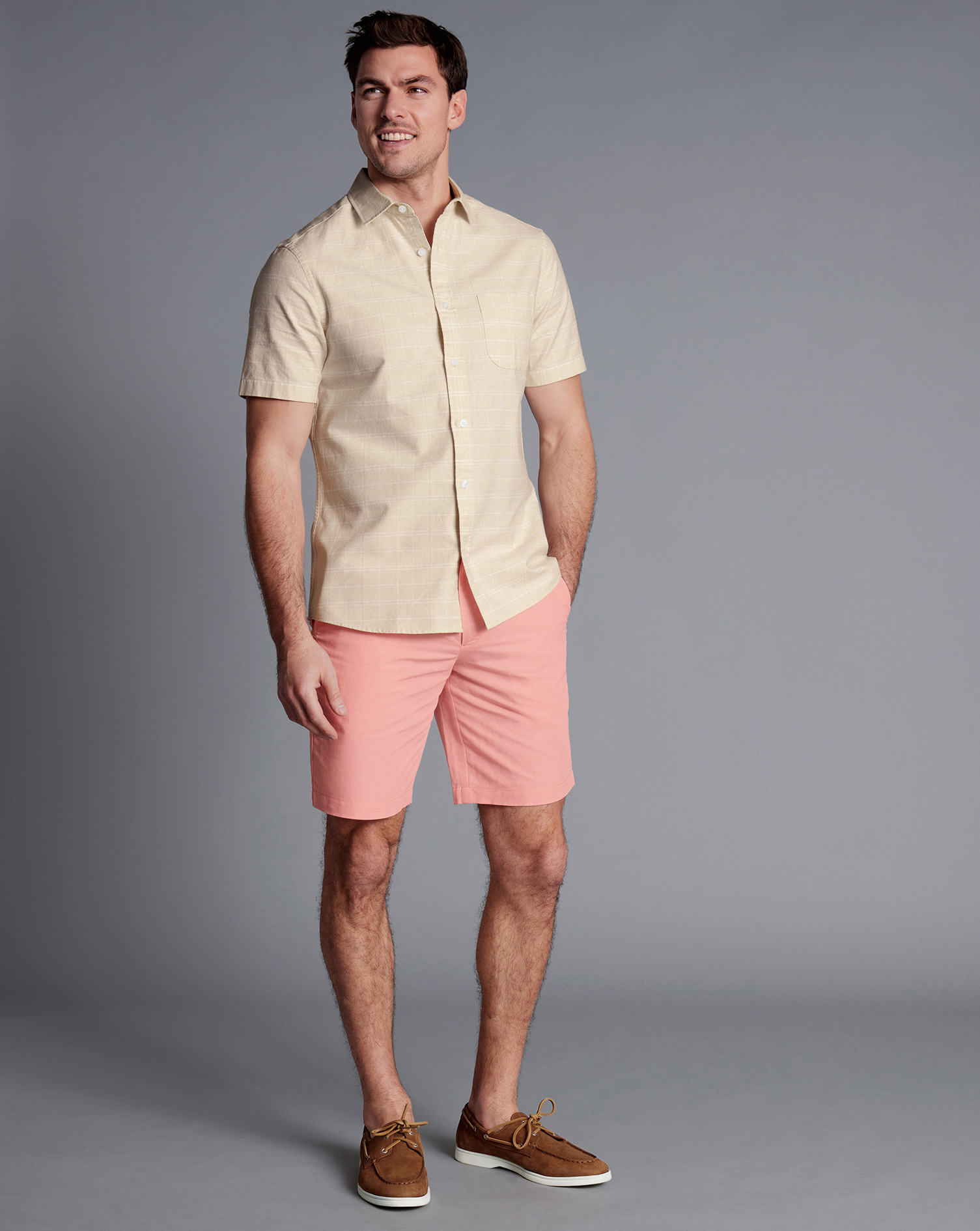 Men's Charles Tyrwhitt Cotton Shorts - Light Coral Pink Size 42 Linen
