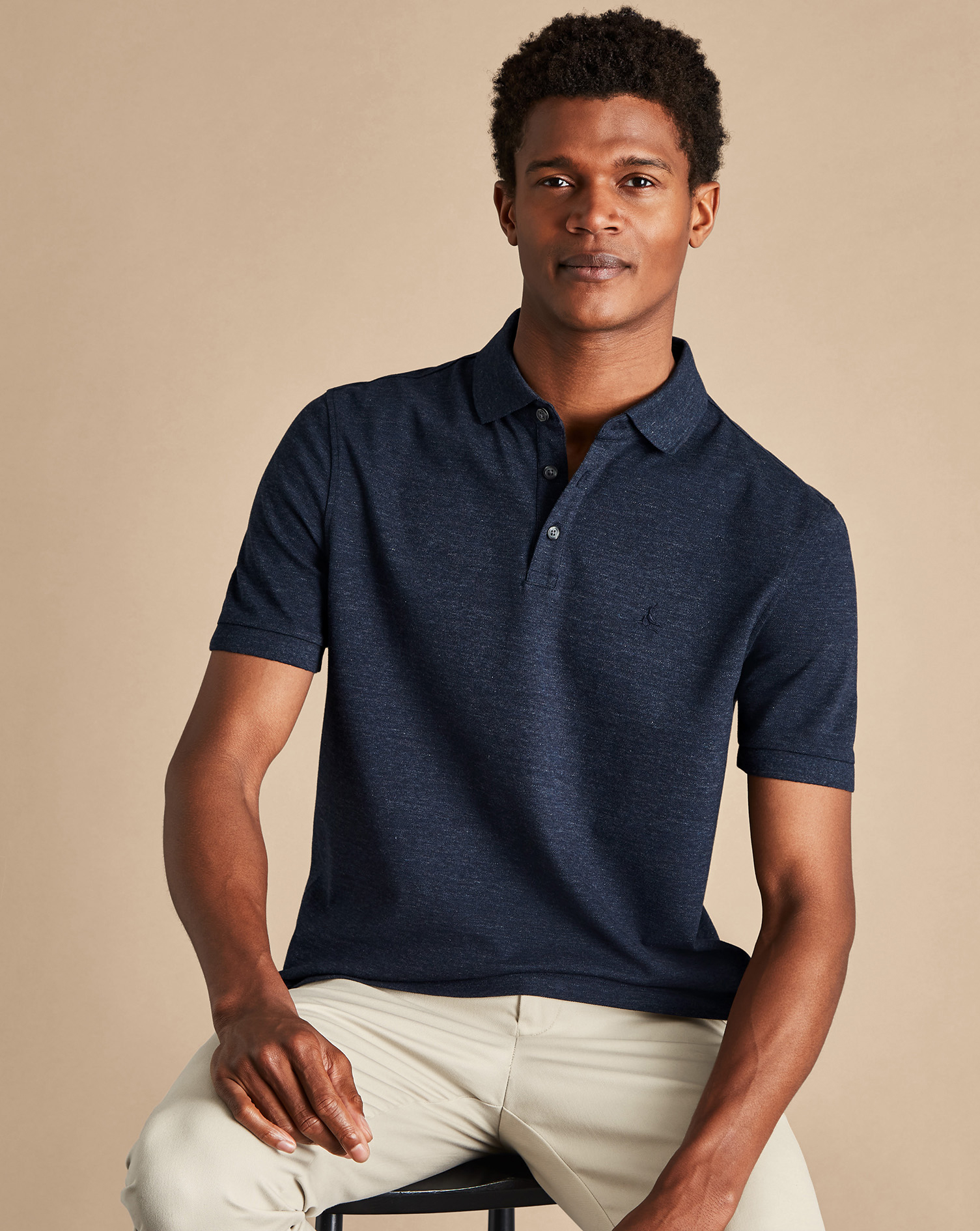 Men's Charles Tyrwhitt Pique Polo Shirt - Navy Blue Melange Size Medium Cotton
