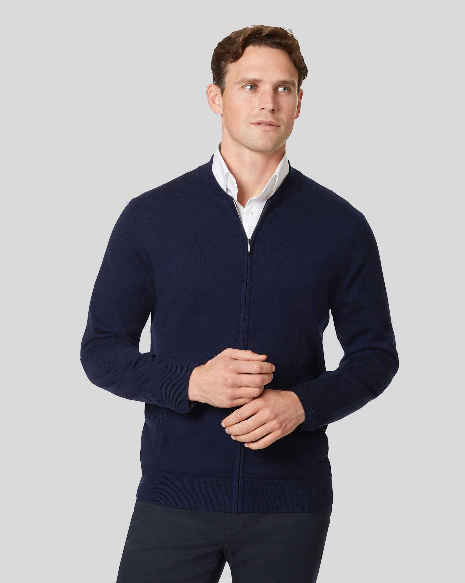 Men's Charles Tyrwhitt Zip Through Bomber Long Sleeve Jacket - Navy Blue Size Small Merino
