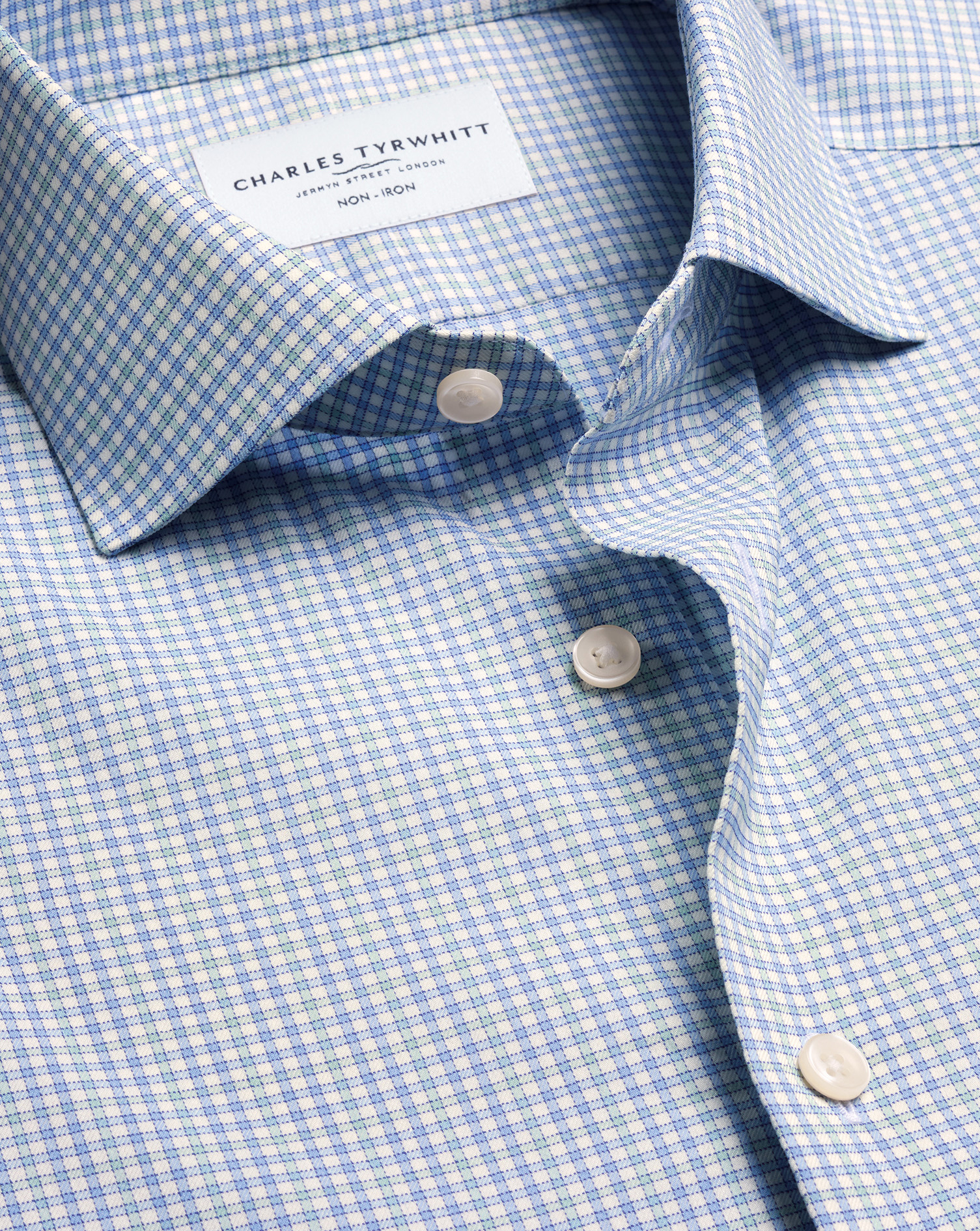 Men's Charles Tyrwhitt Non-Iron Performance Check Shirt â Royal Blue & Green Single Cuff Size 18/36 Cotton