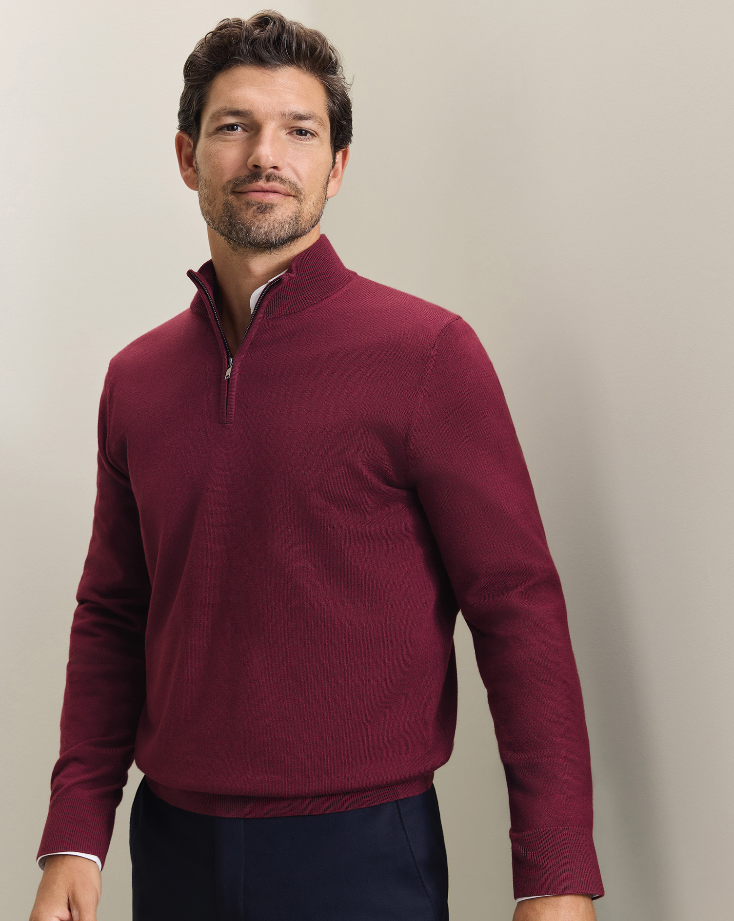 Pure Merino Quarter Zip Sweater - Burgundy | Charles Tyrwhitt US